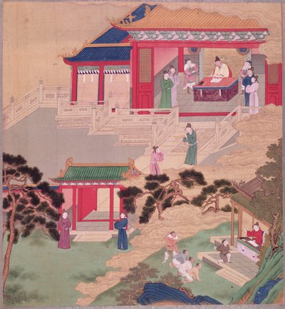 Kaiser Tai Tsung (r.762-779) liest ein medizinisches Buch, aus einer Geschichte der chinesischen Kaiser von Chinese School