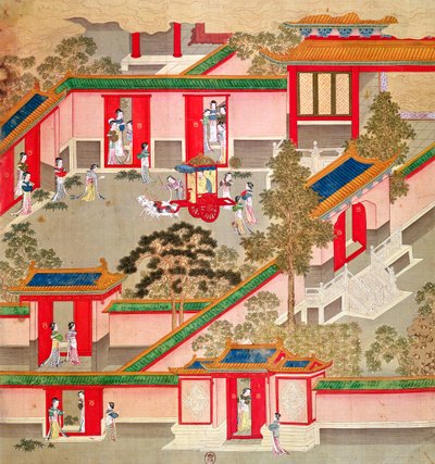 Kaiser Wu Ti (156-87, r.141-87 v. Chr.) verlässt seinen Palast, aus einer Geschichte der chinesischen Kaiser von Chinese School
