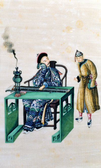 Mann mit einer langen Zither an einem Tisch, mit einem Diener von Chinese School