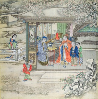 Szene in einem Garten mit einer Familie, die Besucher empfängt von Chinese School