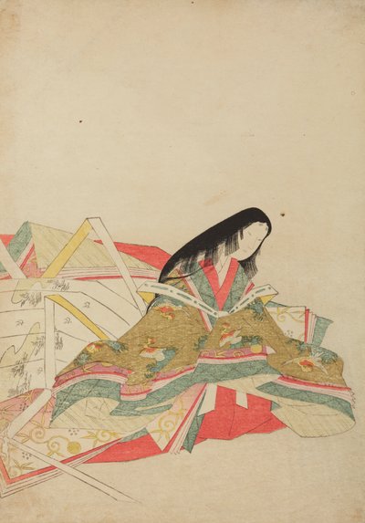 Hofdame sitzend in einem Gewand mit Hoo-Vogel-Muster, Platte aus dem Album: Nishiki-zuri onna sanju rokkasen e-zukushi von Chobunsai Eishi
