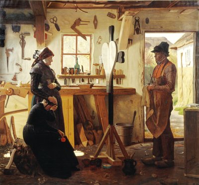 Zwei Frauen besuchen den Dorfkünstler, um das bestellte Grabkreuz zu sehen von Christen Dalsgaard