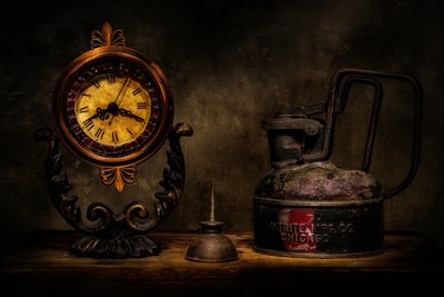 Vintage-Uhr und Ölkanne von Christian Bibeau