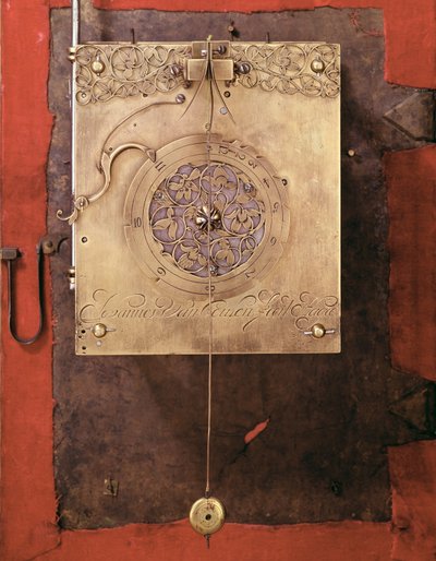 Frühe gewichtgetriebene Pendeluhr, Detail des Glockensteuermechanismus, gebaut von Johannes van Ceulen von Christian Huygens