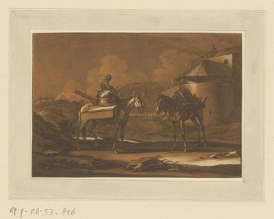 Zwei beladene Pferde außerhalb der Stadtmauer, auf einem sitzt ein Kind (Reiter, Pferde und Schlachten) von Christian Rugendas