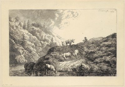 Eine Tierherde am Fluss [Die zur Tränke getriebenen Ochsen] von Christian Wilhelm Ernst Dietrich