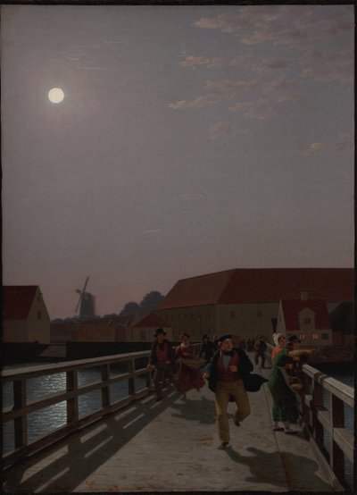 Langebro, Kopenhagen, im Mondlicht mit laufenden Figuren von Christoffer Wilhelm Eckersberg