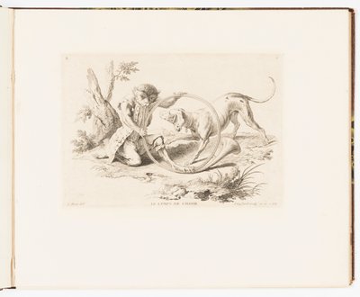 Tafel 2, Le Corps de Chasse (Das Jagdhorn), Singeries ou différentes actions de la vie humaine représentées par des singes (Affenkapriolen oder verschiedene Handlungen des menschlichen Lebens dargestellt von Affen) von Christophe Huet