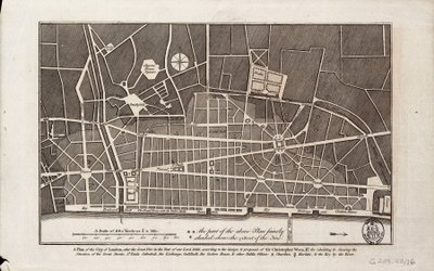 Plan der Stadt London nach dem Großen Brand von 1666 von Christopher Wren