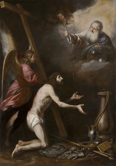 Christus gegeißelt, kniend vor Gott dem Vater von Circle of Antonio del Castillo y Saavedra