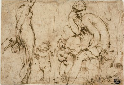 Venus und Mars mit Putti (recto); Bärtiger Mann bewegt sich nach rechts (verso) von Circle of Parmigianino