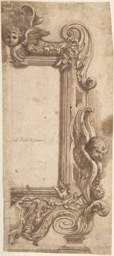 Entwurf für einen halben Rahmen, verziert mit Engeln, Voluten und Girlanden, 1634-89 von Ciro Ferri.