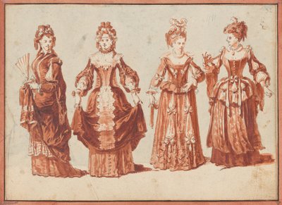Vier Schauspielerinnen in Theaterkostümen von Claude Gillot