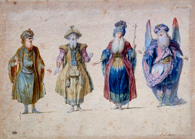 Vier Priester des Theaters Aquarell von Claude Gillot (1673-1722) von Claude Gillot