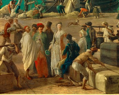 (Detail) Der Hafen von Marseille im 18. Jahrhundert. Detail der Entladung von Waren. Gemälde von Joseph Vernet von Claude Joseph Vernet