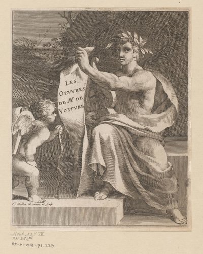 Apollo und ein Amor. Les Oeuvres de Mr. de Voiture (Titel auf dem Objekt). Titelblatt für: Vincent de Voiture, Les Oeuvres de Vincent de Voiture, 1650 von Claude Mellan