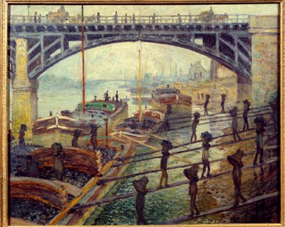 Kohlenarbeiter entladen Waren von den Kähnen am Ufer der Seine, Gemälde von Claude Monet von Claude Monet