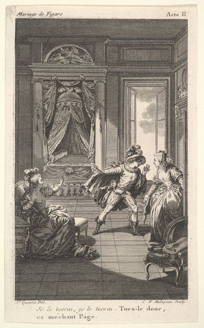 Ein Mann lehnt sich zu einer Frau, die in einer Türöffnung rechts steht, links hebt eine sitzende Frau..., ca. 1784 von Claude Nicolas Malapeau