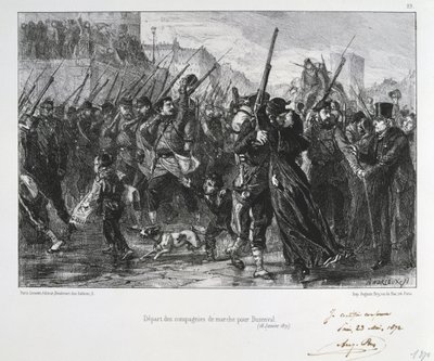 Deutsch-Französischer Krieg 1870-1871: Schlacht von Buzenval (Mont Valérien) bei Versailles am 19. Januar 1871. Nationalgarde marschiert zur Schlacht und Niederlage. Aus einer Serie von Lithografien von Clément Auguste Andrieux über die Nationalgarden. von Clément Auguste Andrieux