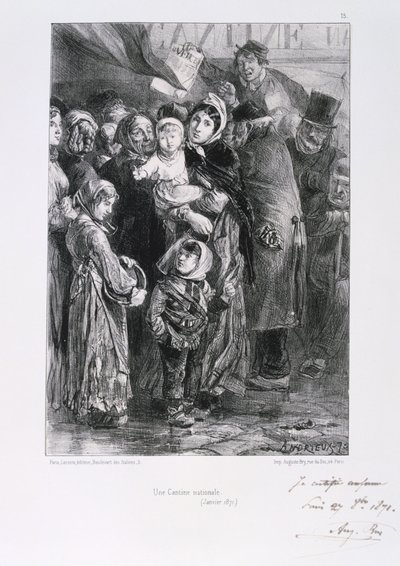 Französisch-Preußischer Krieg 1870-1871. Belagerung von Paris 19. Sept. 1870-28. Jan. 1871. Eine nationale Suppenküche in Paris, Januar 1871. Aus einer Serie von Lithografien von Clement August Andrieux über die Nationalgarden. Nahrungsmangel Hunger von Clément Auguste Andrieux