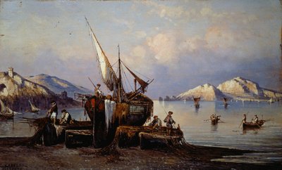 Fischer in Nerano mit Capri im Hintergrund von Consalvo Carelli