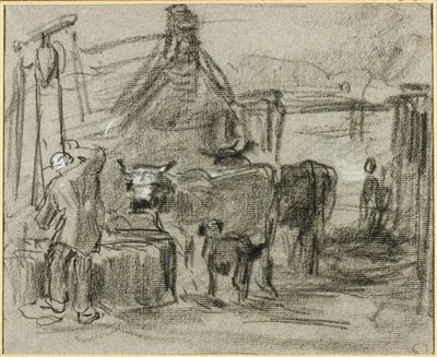 Bauernhof mit Mann und Vieh von Constant Troyon
