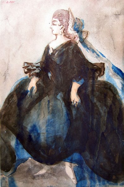 Studie einer stehenden Frau im linken Profil, mit hochgerafftem Kleid und einer Kokardenhaube von Constantin Guys