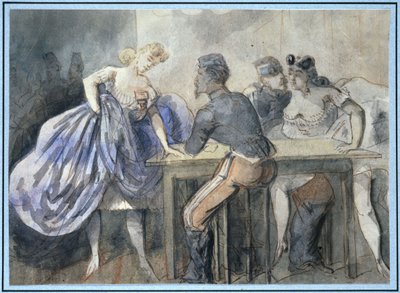 Szene in einem öffentlichen Haus, zwei Frauen und zwei Soldaten um einen Tisch, links hinten weitere Silhouetten von Frauen und Männern von Constantin Guys