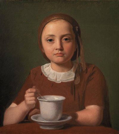 Porträt eines kleinen Mädchens, Elise Købke, mit einer Tasse vor sich von Constantin Hansen