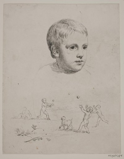 Oben Porträt von T. N. Thiele als Kind, unten vier Jungen, die Ball spielen von Constantin Hansen