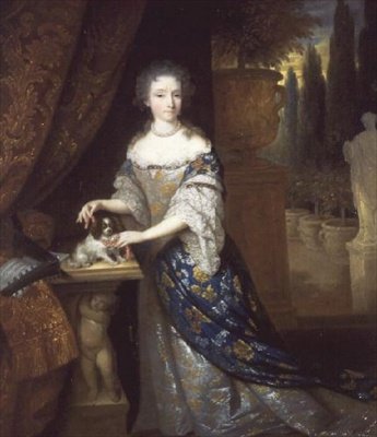 Porträt einer Dame mit einem Schoßhund auf einem Sockel sitzend, ca. 1690 von Constantin Netscher