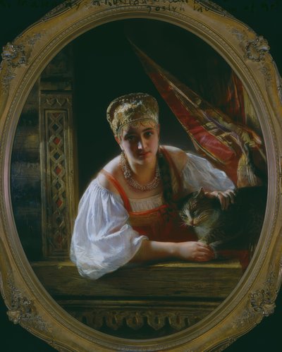 Russische Schönheit mit Katze von Constantine Egorovitch Makovsky