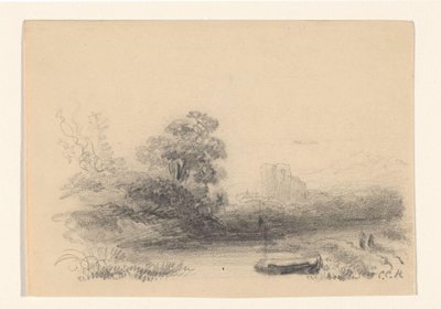 Landschaft mit Wasser und Ruderboot von Constantinus Cornelis Huysmans (signed by artist)