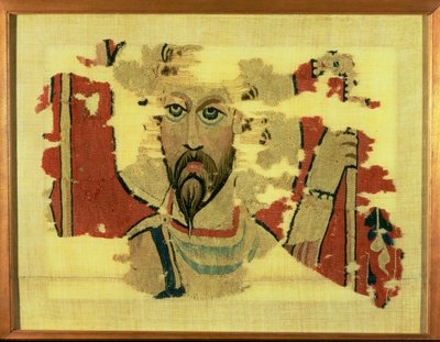 Gewebter Wandbehang mit dem Kopf des Hl. Theodor, aus Achmim, Ägypten, ca. 500-600 von Coptic Coptic
