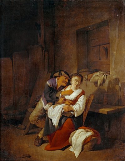 Alter Mann neckt eine junge Frau in einem Innenraum von Cornelis Bega