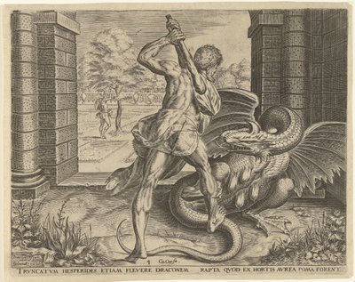 Herkules stiehlt die goldenen Äpfel der Hesperiden von Cornelis Cort