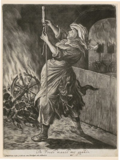 Eine Frau zündet eine Leuchtrakete, Blatt 5 der Folge "Allgemeine Freude über die Belagerung von Namur durch Wilhelm III. 1695" von Cornelis Dusart