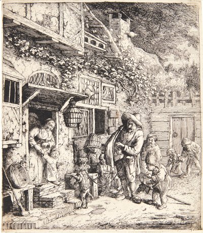 Drehorgelspieler mit einem tanzenden Hund von Cornelis Dusart