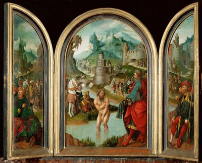 Der Prophet Elisa heilt den syrischen Hauptmann Naeman von Lepra im Jordan von Cornelis Engebrechtsz