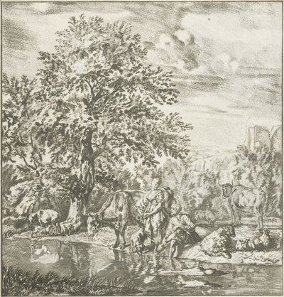 Hirte und Hirtin mit Herde an einem Fluss (Prentwerk) von Cornelis Ploos van Amstel