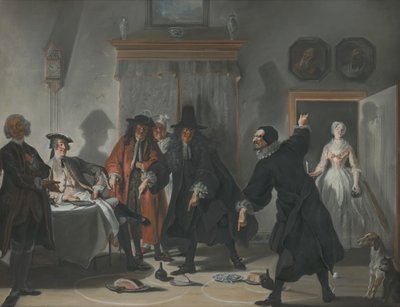 Die Mathematiker oder die junge Dame, die floh: Der Streit zwischen den Ärzten Raasbollius und Urinaal, 1741 von Cornelis Troost