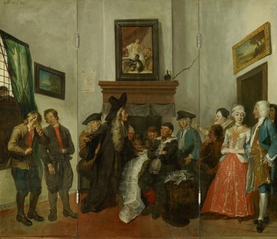 Triptychon mit der Darstellung des Bauerngerichts aus dem Lustspiel „Beslikte Swaantje“ von Cornelis Troost