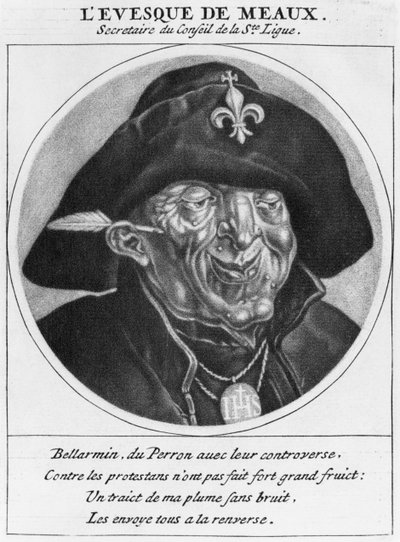 Protestantische Karikatur von Bossuet, Bischof von Meaux, Illustration aus Les Heros de La Ligue ou La Procession monacale, conduite par Louis XIV, pour la conversion des protestants de son royaume, Paris von Cornelis and Gole, Jacob Dusart