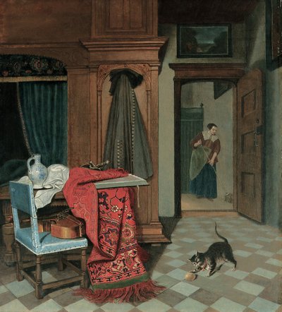 Innenraum mit Teppich, Schwert und Krug auf einem Tisch, Cello auf einem Stuhl, Mantel an einem Schrank, Katze spielt mit einem Ball, Magd im Hintergrund von Cornelis de Man