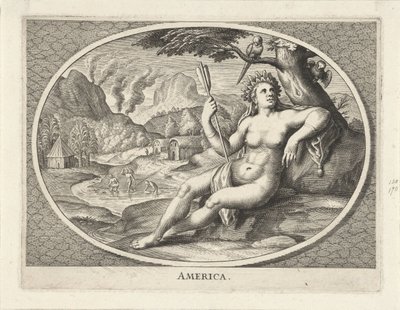 Weibliche Personifikation des Kontinents Amerika als Frau mit Federschmuck und Pfeil in einer Landschaft von Cornelis van Dalen (II)