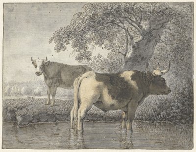Zwei Kühe unter einem Baum am Wasser von Cornelis van Noorde