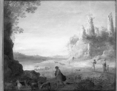 Italienische Landschaft mit Diana und Callisto mit einem Ziegenhirten in der Nähe einer Ruine von Cornelis van Poelenburgh or Poelenburch