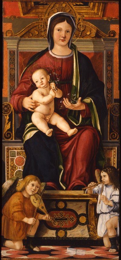 Die Jungfrau und das Kind auf dem Thron mit zwei musizierenden Engeln, 1508-1510 von Cristoforo Caselli