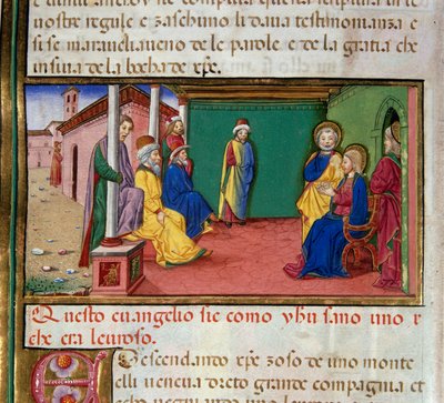 Jesus geht an einem Samstag in die Synagoge von Nazareth und liest das Buch des Propheten Jesaja. Miniatur von Cristoforo De Predis (1440-1486) nach der Geschichte des Neuen Testaments von Cristoforo De Predis