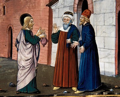 Judas geht zum Priester und gesteht seinen Verrat an Christus, aus dem Leggendario Sforza-Savoia von Cristoforo De Predis